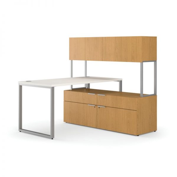 HON Voi Compact L-Workstation with Double Locking Credenza & Hutch - Silver Mesh / Harvest