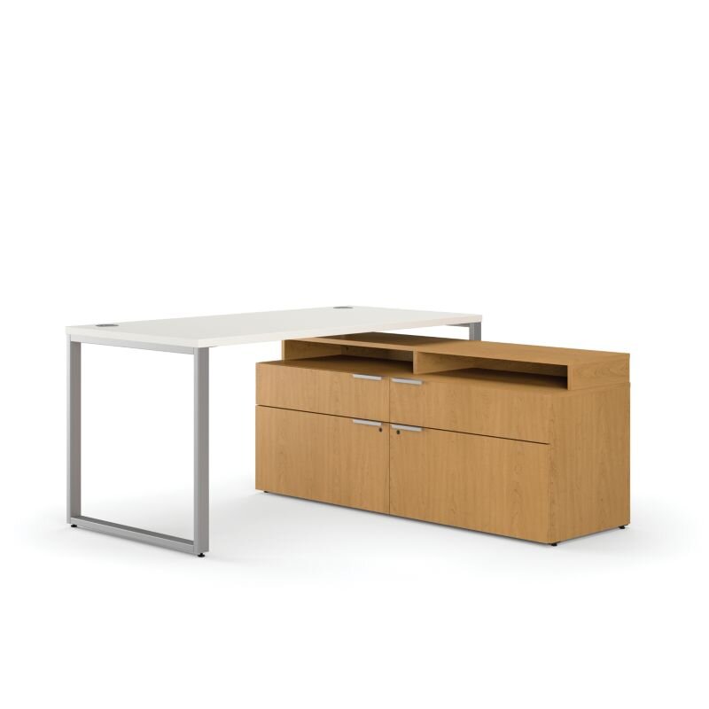 HON Voi Compact L-Workstation with Double Locking Credenza - Silver Mesh / Harvest