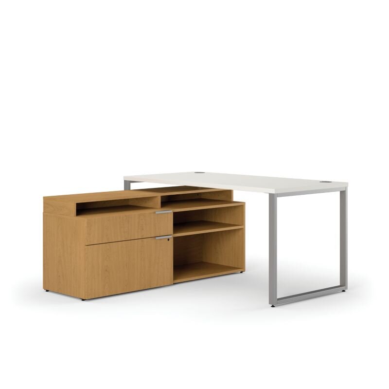 HON Voi Compact Lefthanded L-Workstation with Single Locking Credenza - Silver Mesh / Harvest