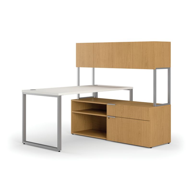HON Voi Compact Righthanded L-Workstation with Single Locking Credenza & Hutch - Silver Mesh / Harvest