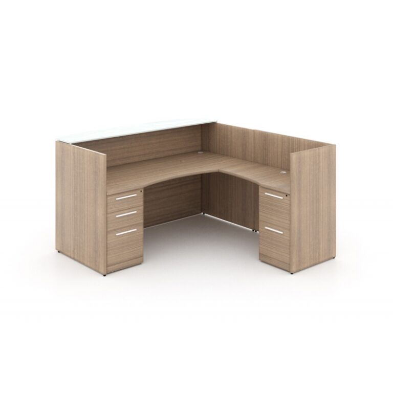 Reception desk with floated glass top-Layout P-107-N-Potenza Series-CorpDesign-Noce