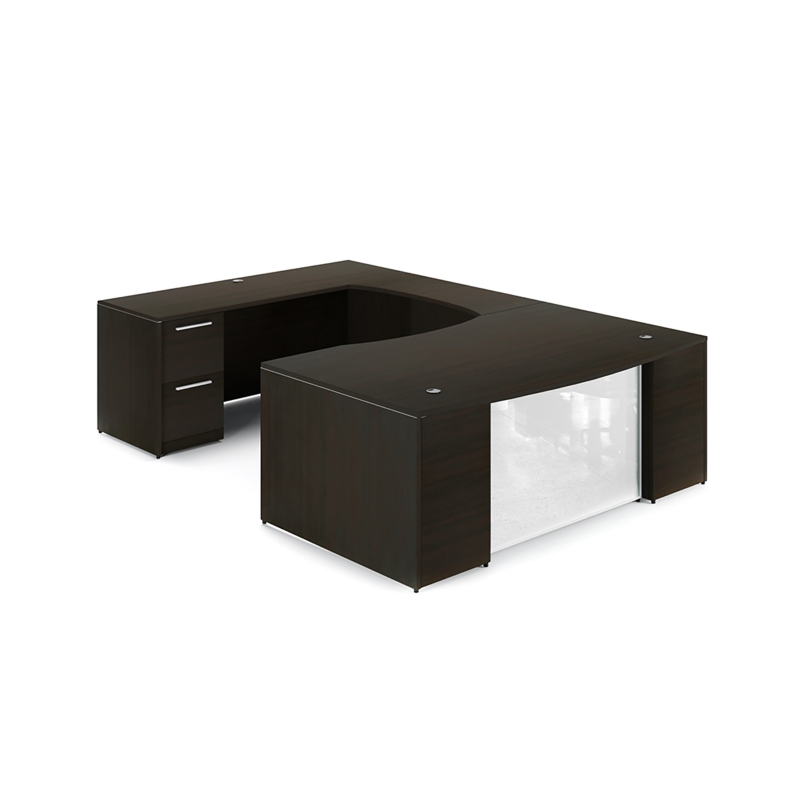 U-Shaped desk with glass modesty-Layout P-105NH-E-Potenza Series-CorpDesign-Espresso