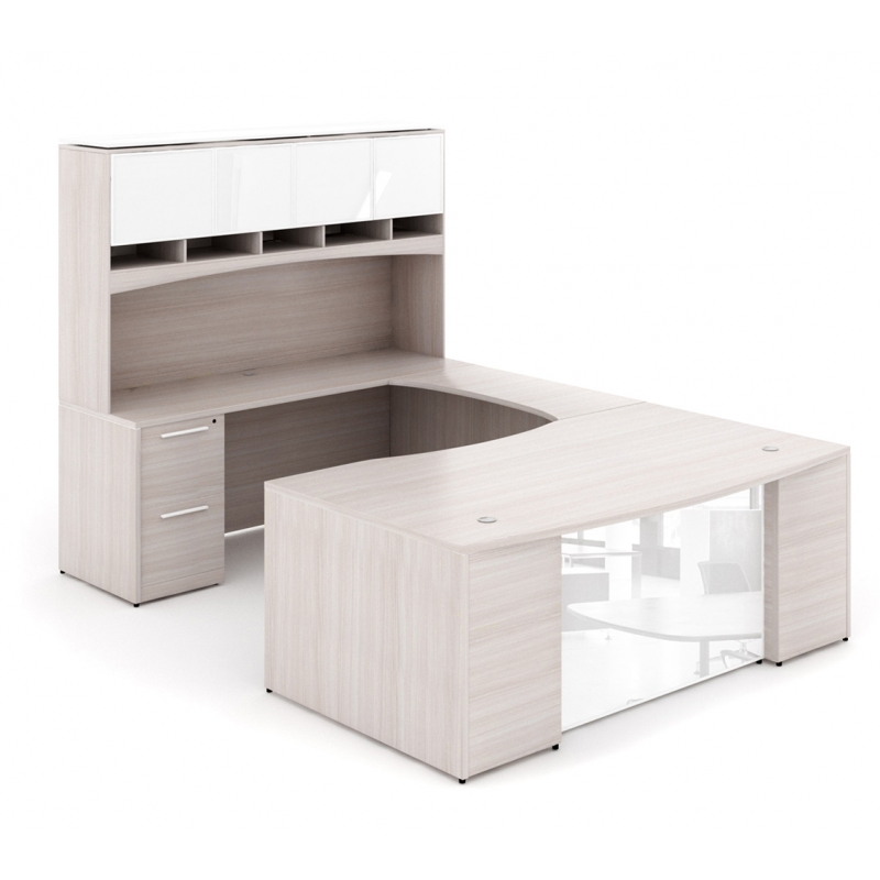 U-Shaped desk with glass package-Layout P-105-BDG-Potenza Series-CorpDesign-Blanc De Gris