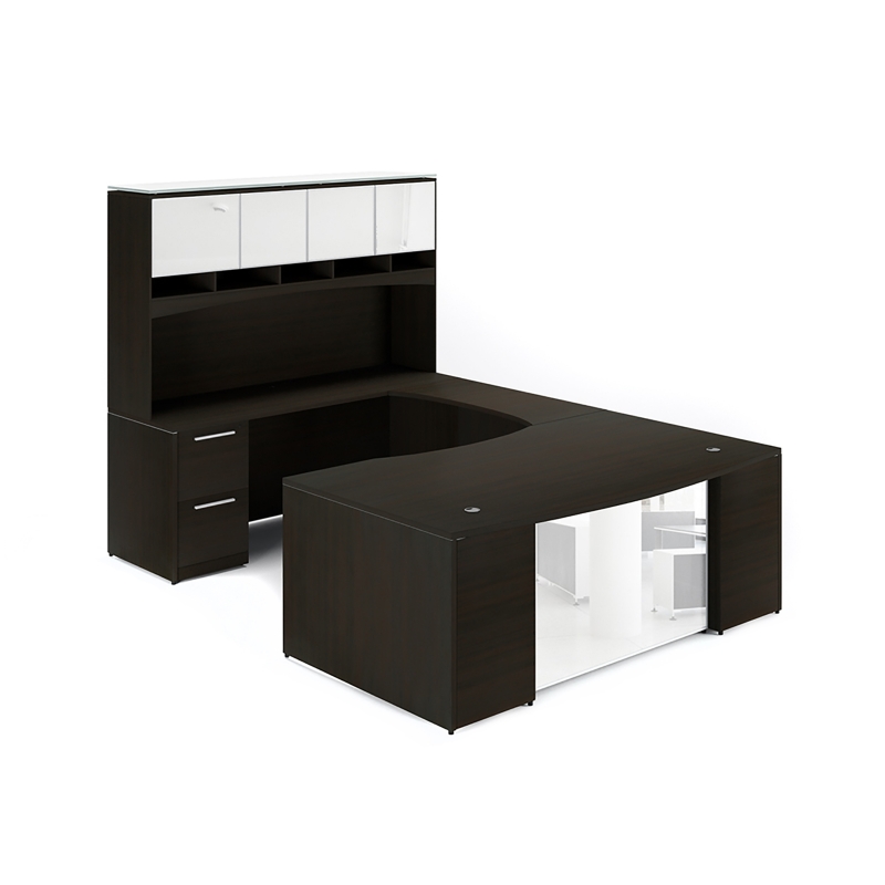U-Shaped desk with glass package-Layout P-105-E-Potenza Series-CorpDesign-Espresso