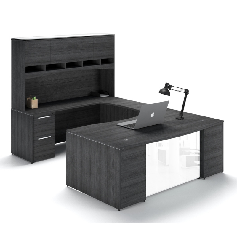 U-Shaped desk with glass package-Layout P-105-G-Potenza Series-CorpDesign-Moderna Cherry