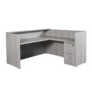 UP169180FF-GO – Ultra PREMIUM Reception Station with Glass Reception Top, Return and FF Ped – Grey Oak Finish